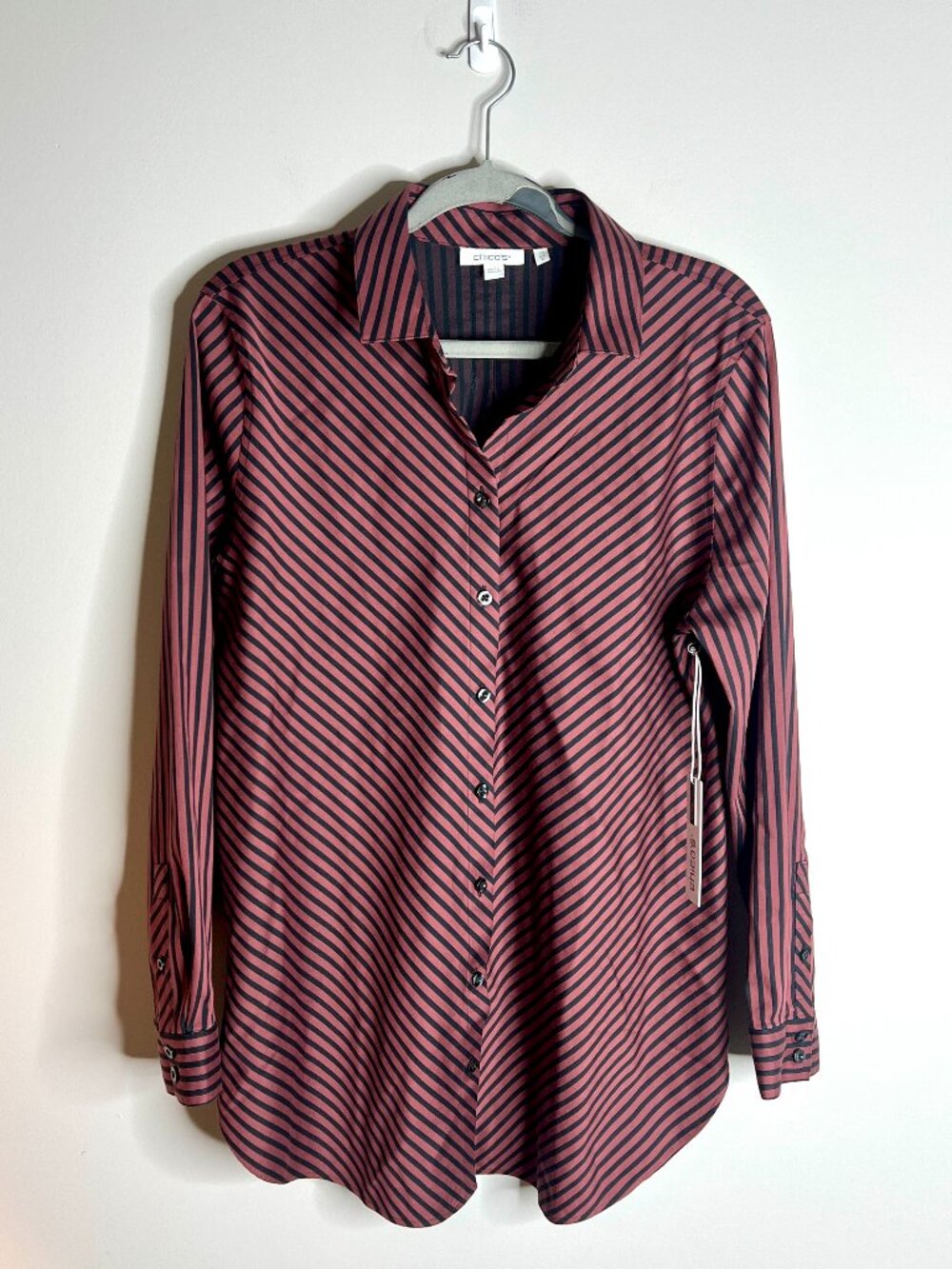 Chico's No Iron Slimming Imperial Stripe Tunic Brown Black Career Classic NWT 10